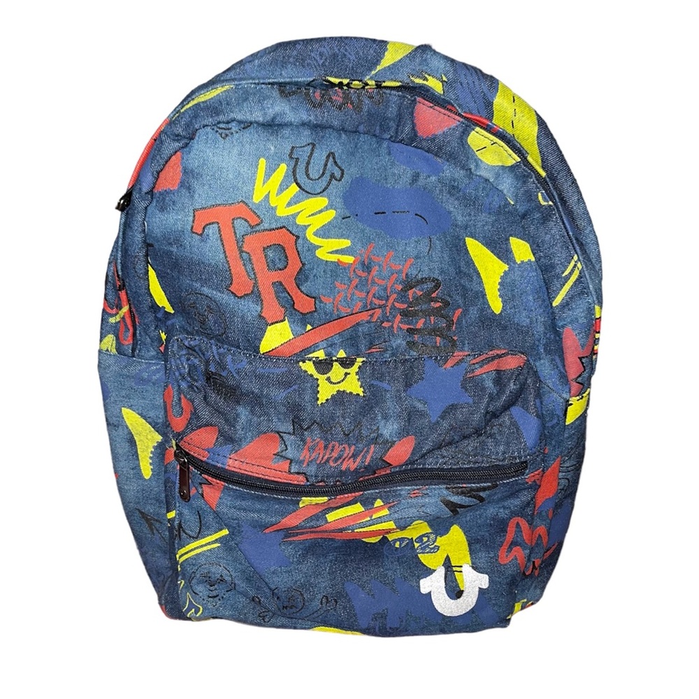 Navy Blue, abstract red and yellow True Religion book bag